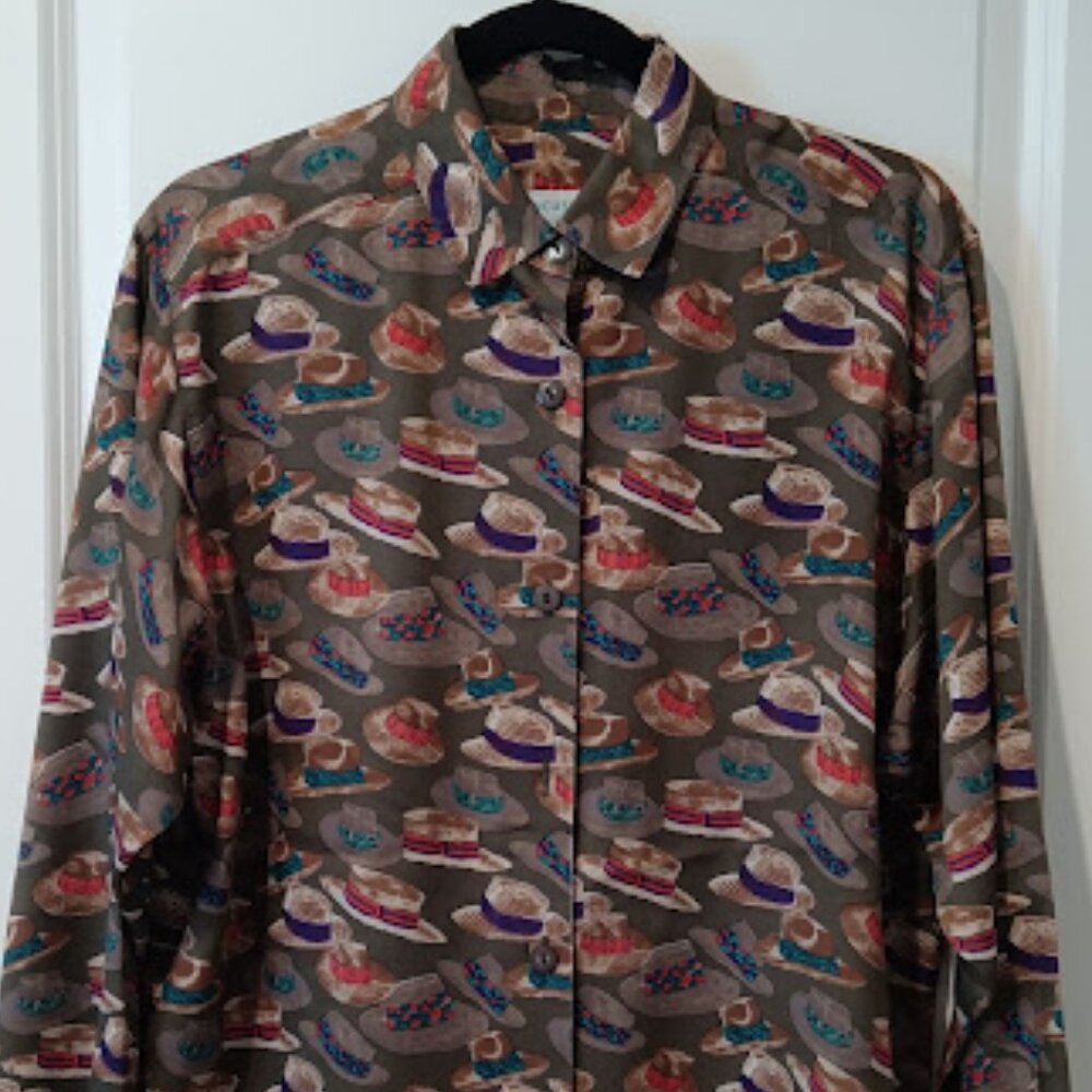 Vintage Doncaster Sport Button Down Shirt Women's Size 10 Hat Print Long Sleeve